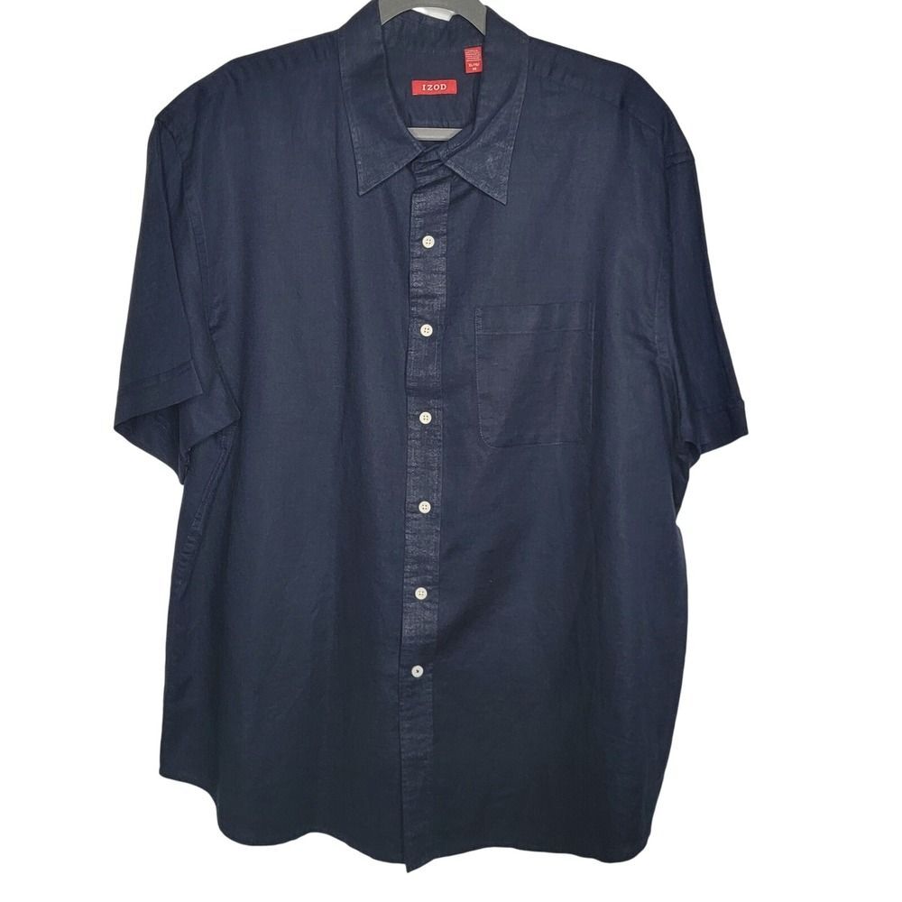 IZOD Men's XL Linen Blend Short Sleeve Button Up Shirt Casual Black Classic